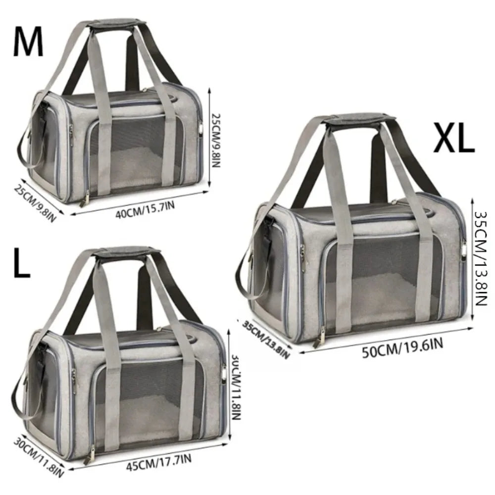 Three versions of a breathable pet carrier backpack in gray, labeled M, L, and XL, showing different dimensions.