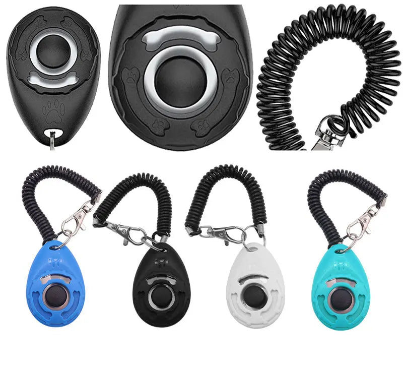 Ein Set ausstellbare Hundetrainer-Klicker in Schwarz, Silber und Blau.