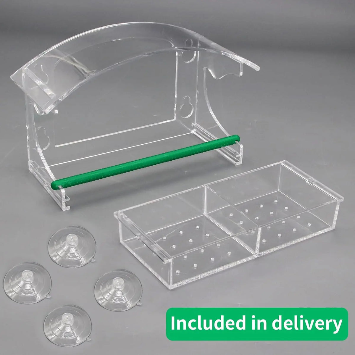 Nourrice pour oiseaux en plastique transparent avec plateau et plusieurs ventouses incluses