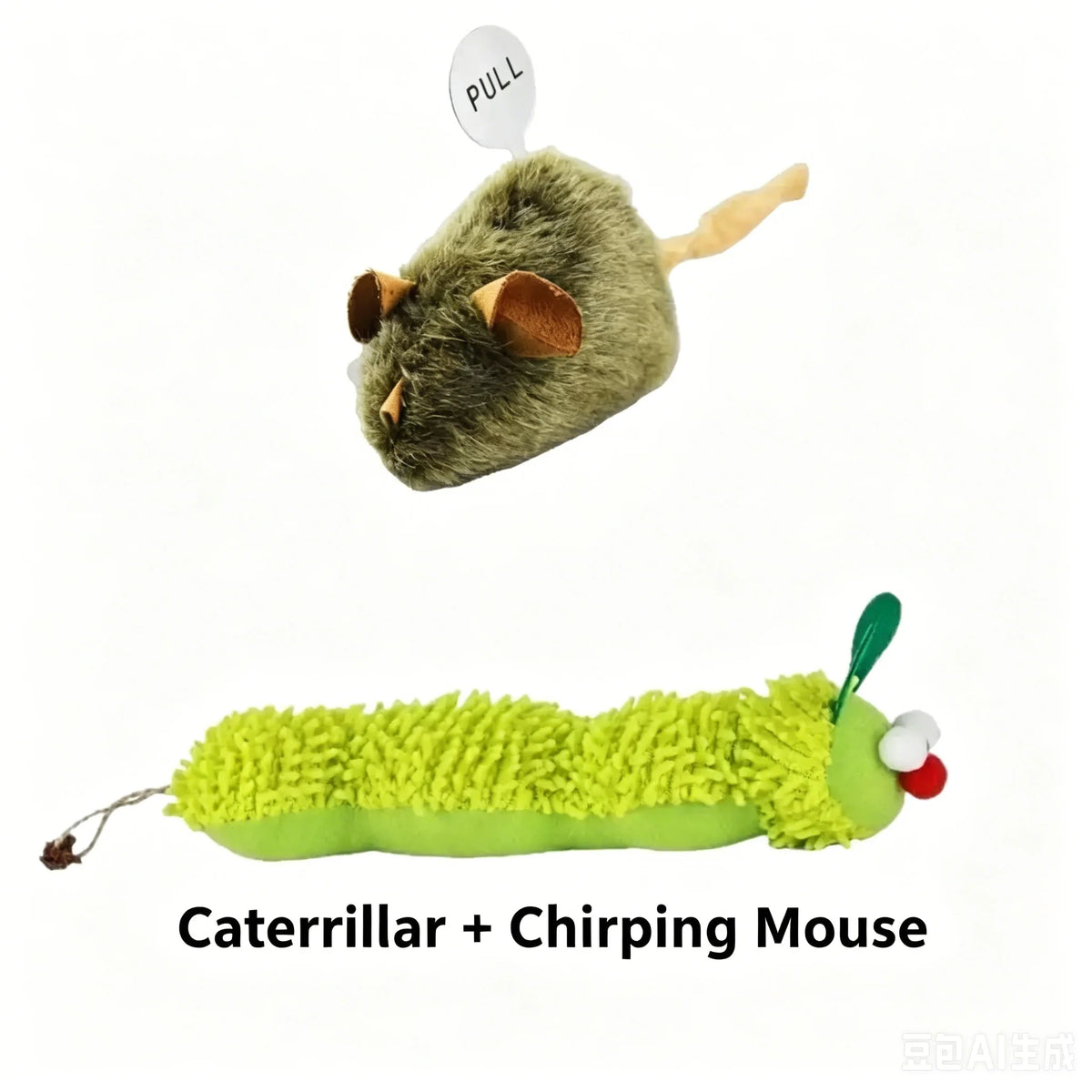 Käferspielzeug, das wie eine Maus aussieht, mit grünem Körper und Ohren, das piepst.