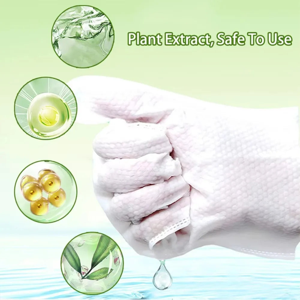A hand wearing white disposable pet grooming gloves and tissue bath set with a drop of liquid below