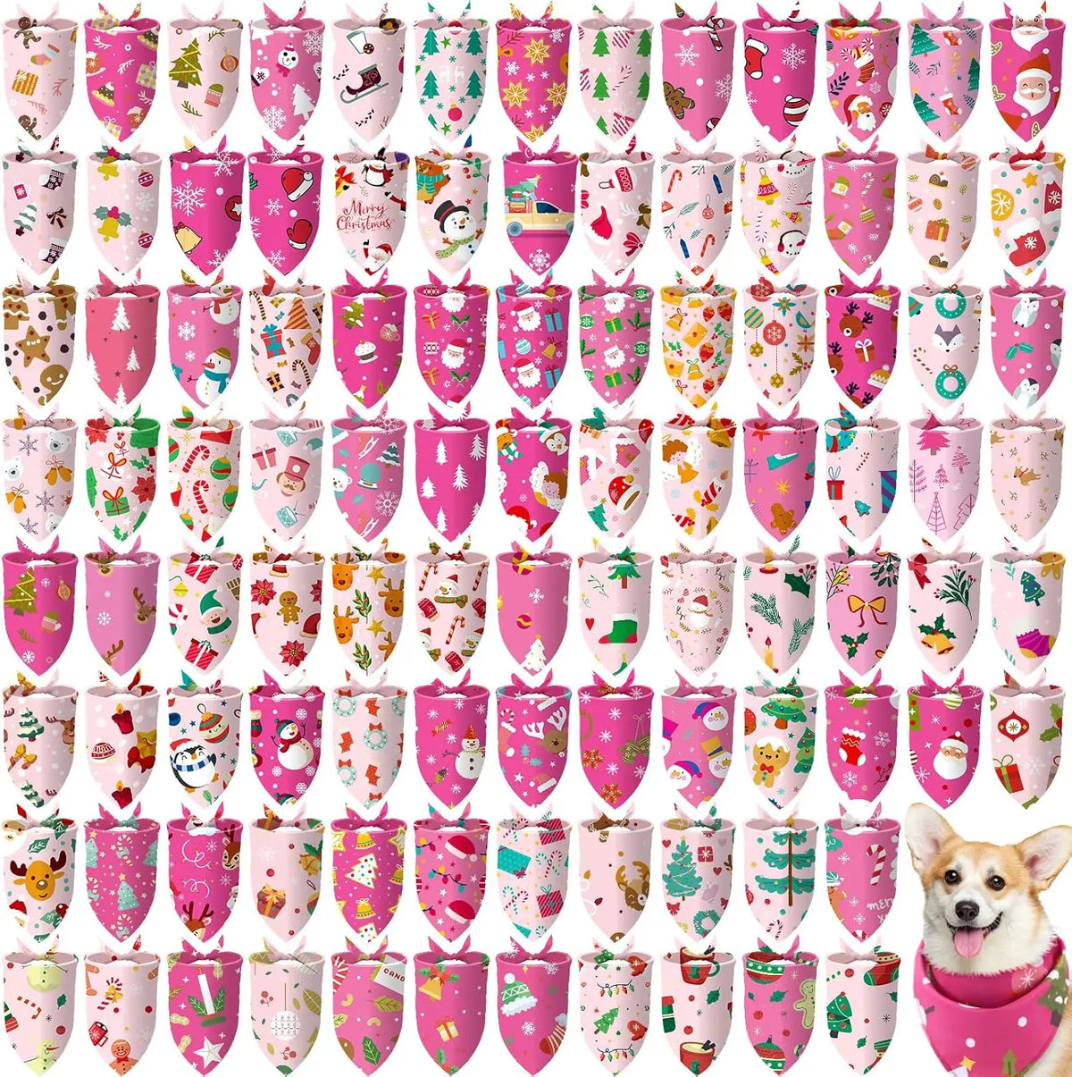 A pack of 100 dog bandanas featuring various holiday and party themed donut prints.