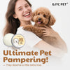 A woman is gently petting a fluffy golden dog while holding a jar of GJYC Pet Paw & Nose Balm.