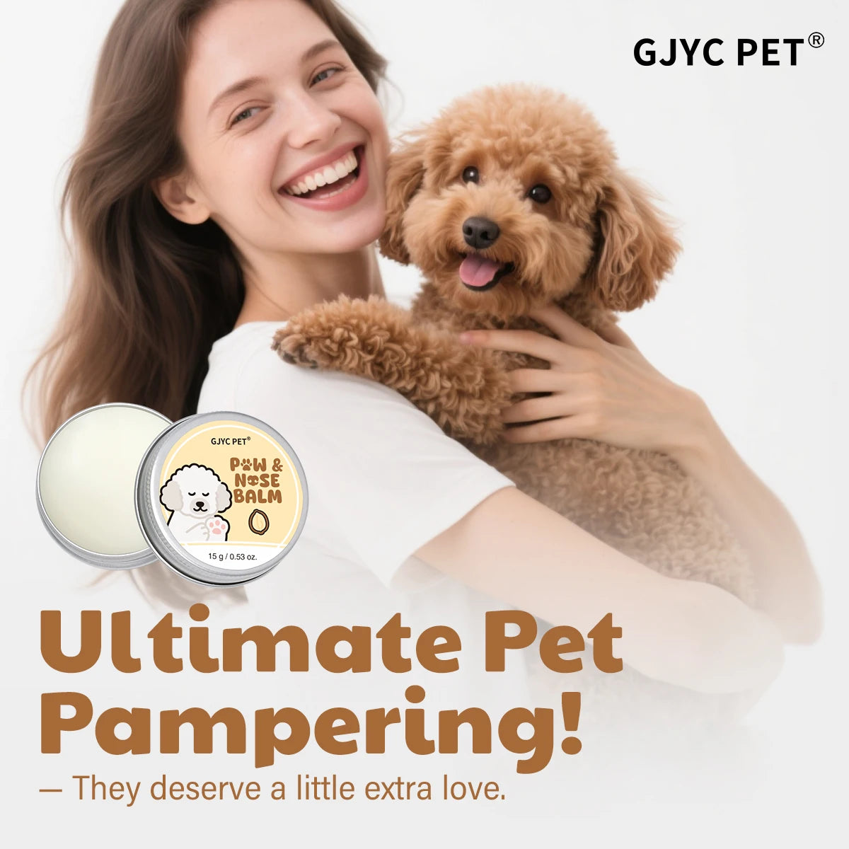 A woman is gently petting a fluffy golden dog while holding a jar of GJYC Pet Paw & Nose Balm.