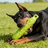 A black and tan dog is holding a bright green durable EVA chew toy in a grassy field.