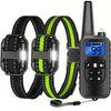 A black waterproof dog training collar with a remote and LED light is shown next to its strap.
