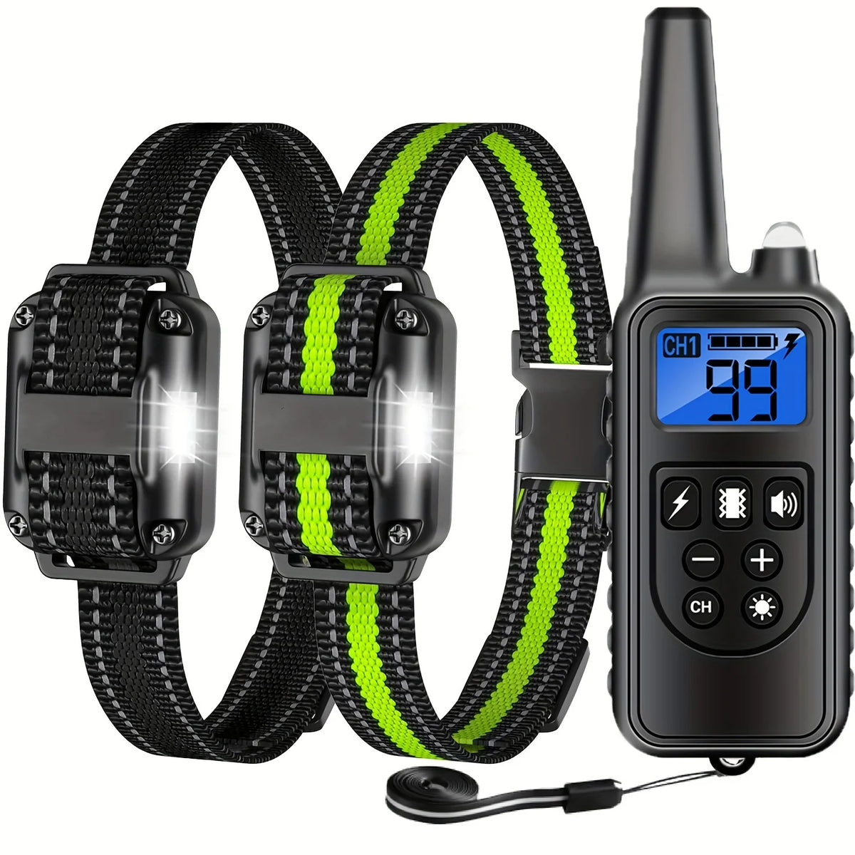 A black waterproof dog training collar with a remote and LED light is shown next to its strap.