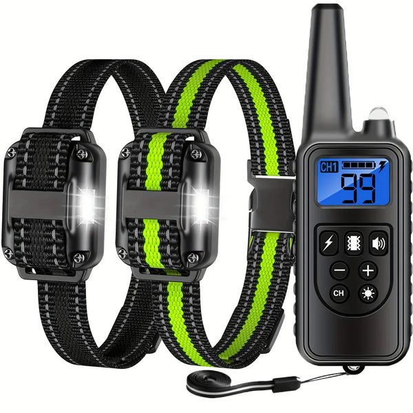A black waterproof dog training collar with a remote and LED light is shown next to its strap.