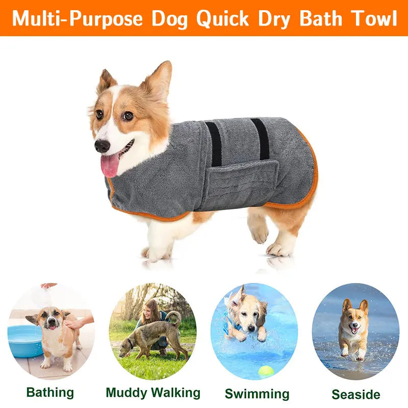 Un peignoir de chien gris montré à côté d'activités comme le bain, la promenade dans la boue, la baignade et l'utilisation au