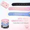 Five hole adjustable size dog collar in pink blue and black leather with rhinestone heart charm