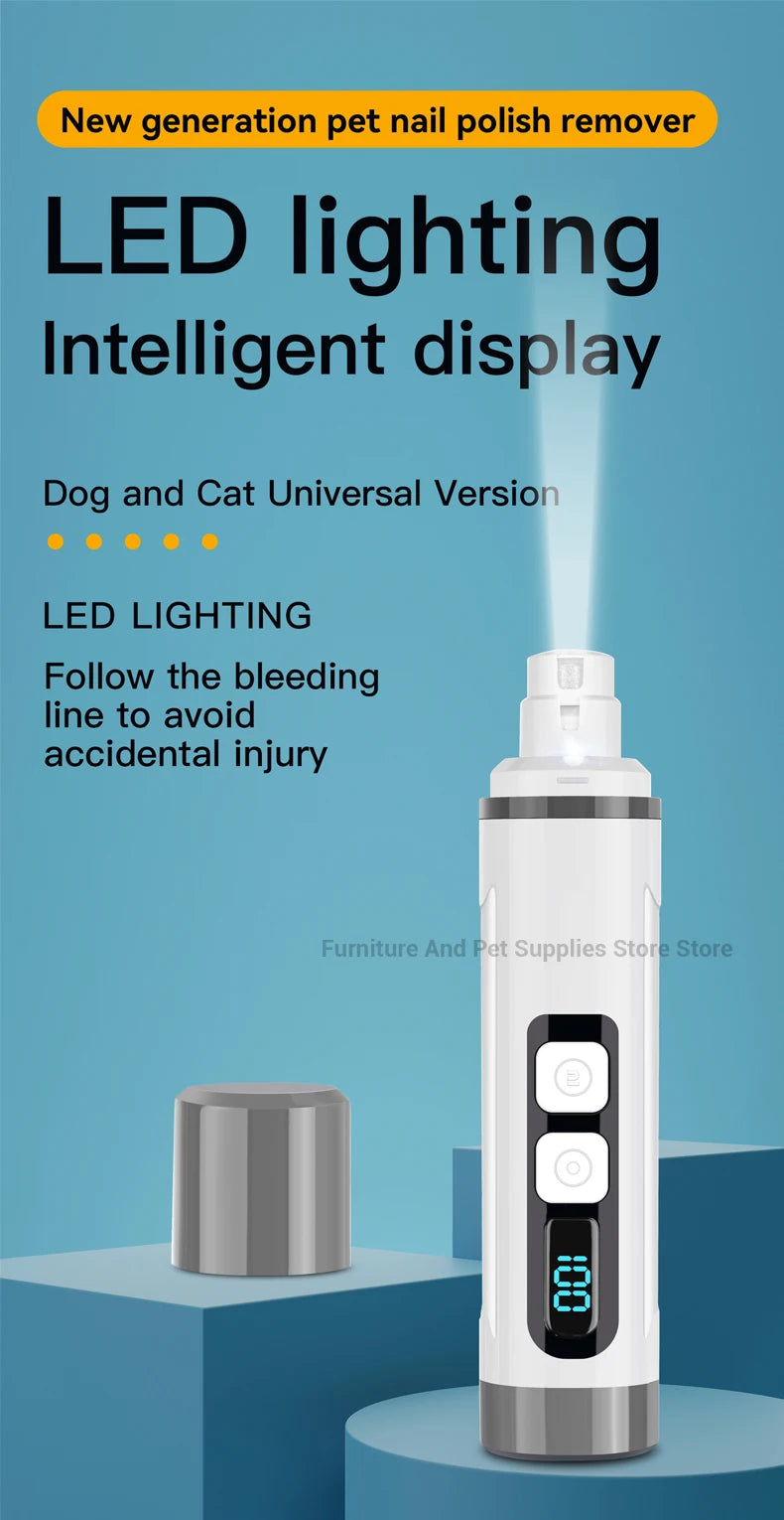 A white pet nail polish remover bottle with an intelligent LED display is shown on a blue surface.