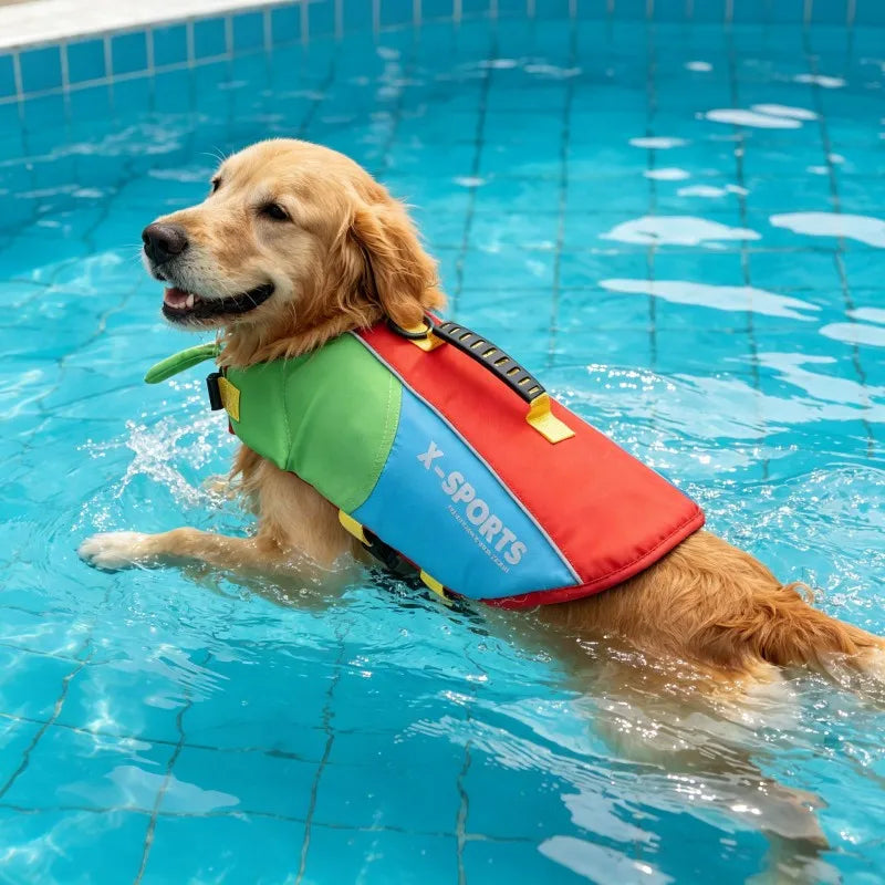 A golden retriever wearing a red and green X-Sports life jacket swims in blue water.