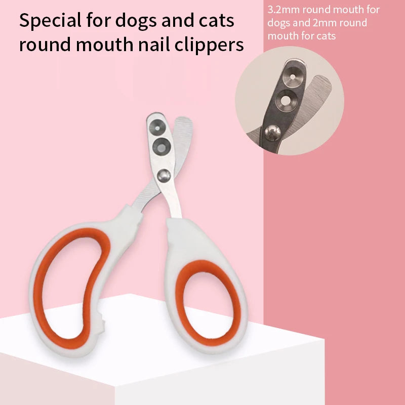 Ein Paar Edelstahl-Nagelschere mit runder Öffnung für Hunde und Katzen, präsentiert auf einer weißen Oberfläche.