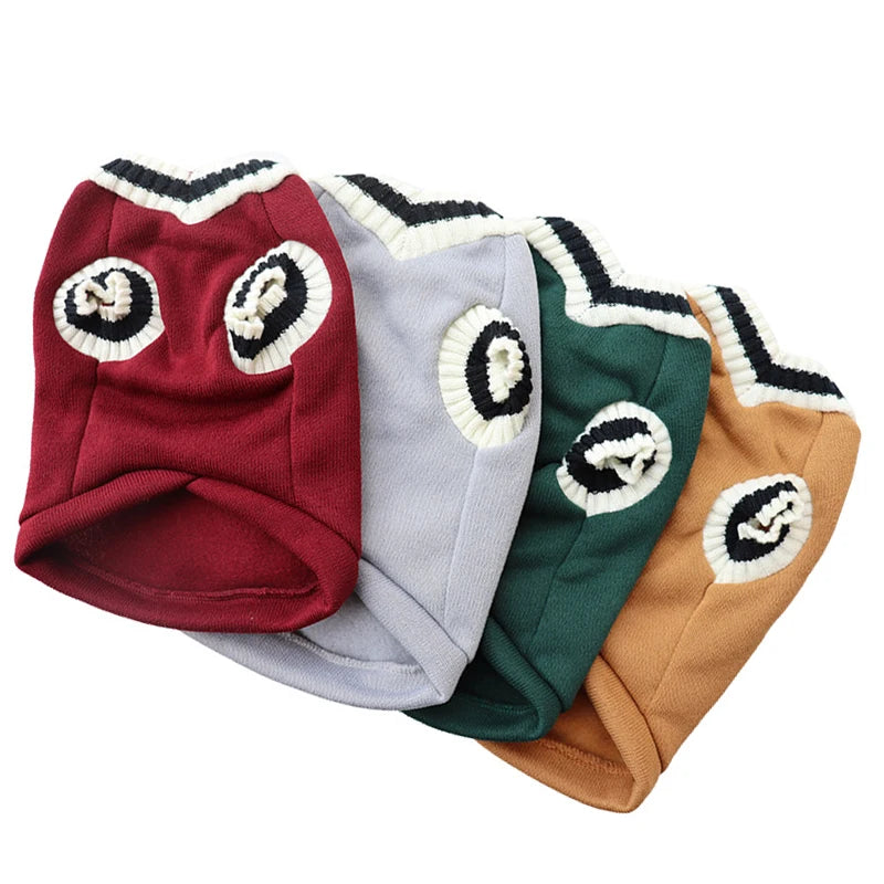 Un ensemble de cinq pulls en tricot pour chiens, de couleurs variées comme le marron, le gris clair, le vert foncé et le beig
