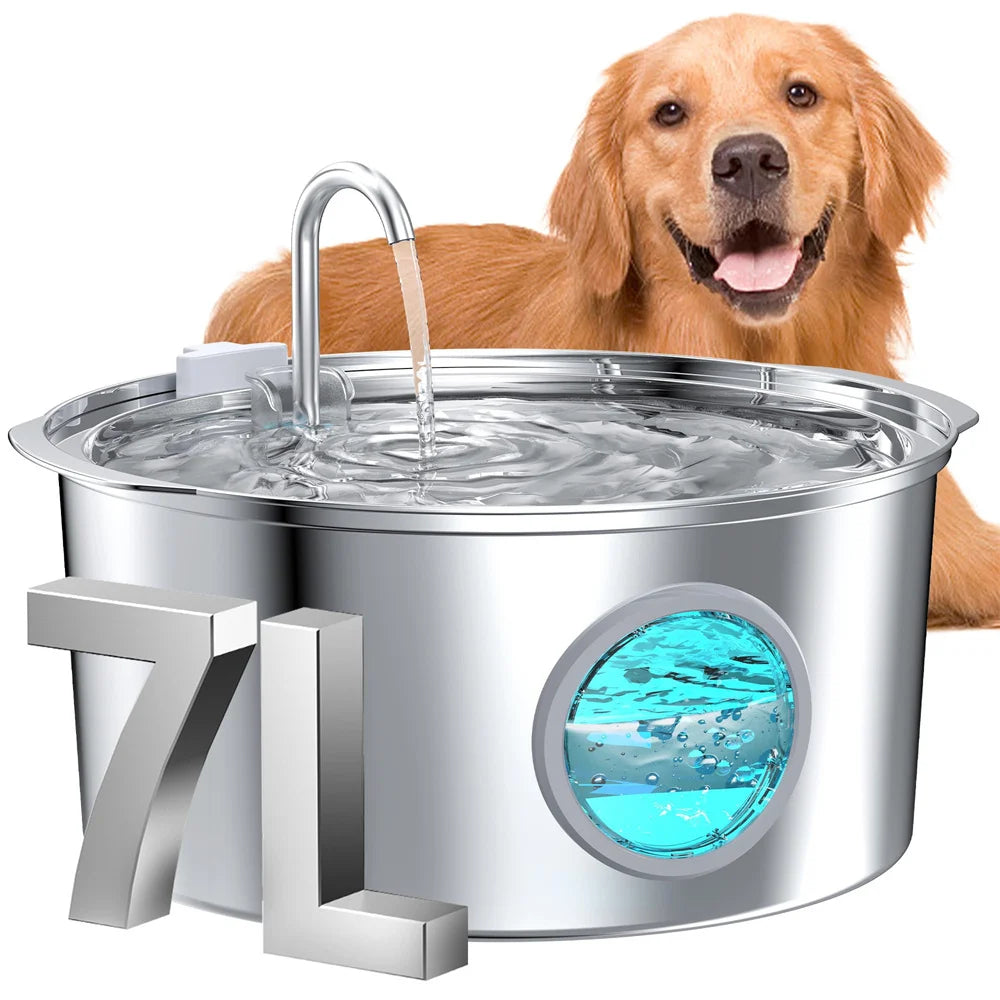 A golden retriever looks over a stainless steel pet water fountain with running water.