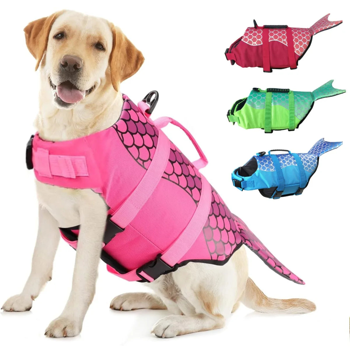 Golden Retriever mit pinkem Meerjungfrauen-Schwimmweste und fischförmigen Auftriebshilfen.