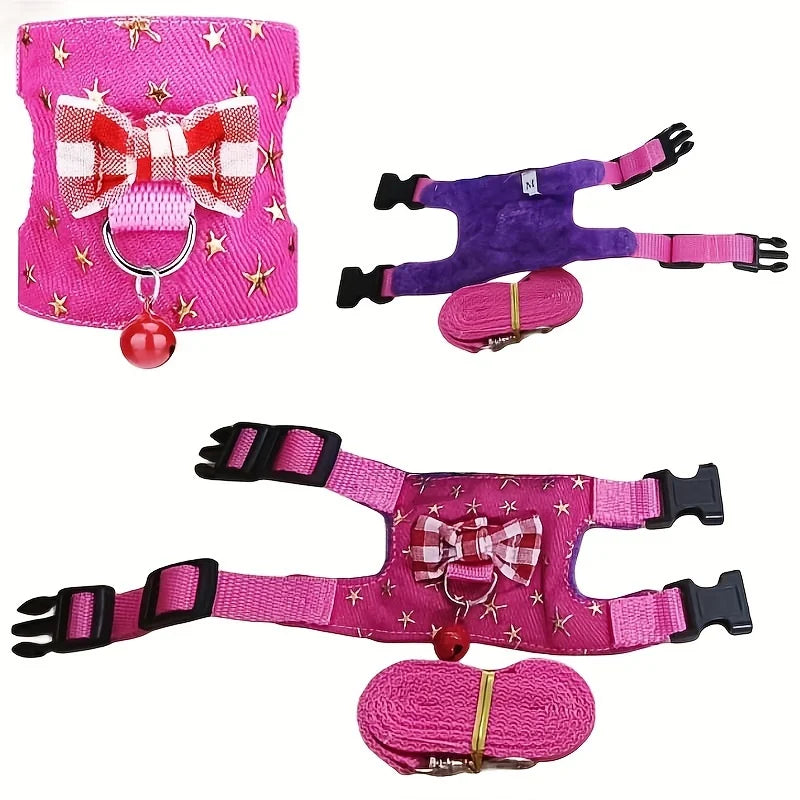 Rosa Hamstergeschirr und Leine-Set mit Schleife und lila Halsband.