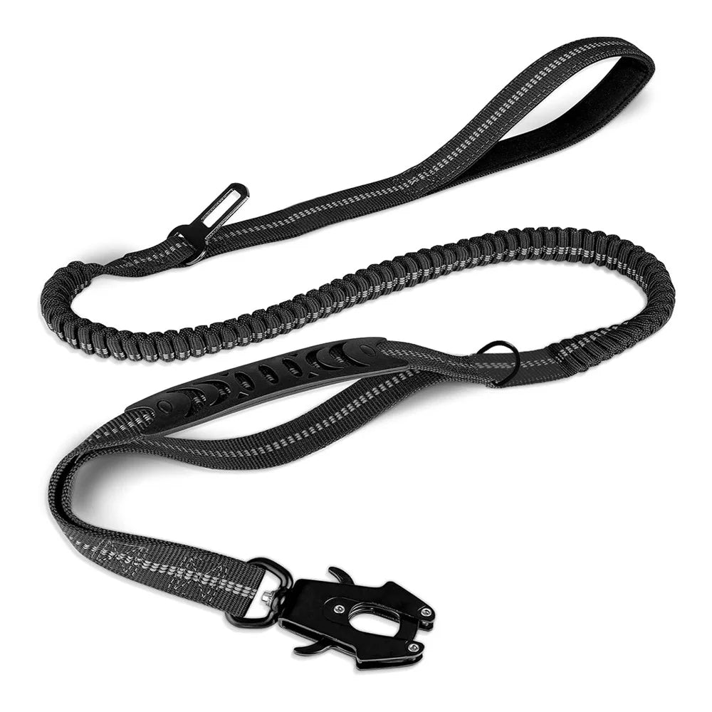 Black tactical dog leash for large breeds with a buckle and adjustable strap.