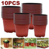 A set of 10 reddish-brown plastic nursery pots stacked and displayed for seedlings and succulents.