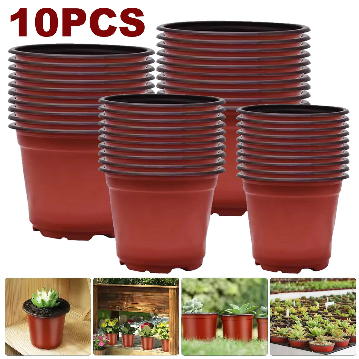 A set of 10 reddish-brown plastic nursery pots stacked and displayed for seedlings and succulents.