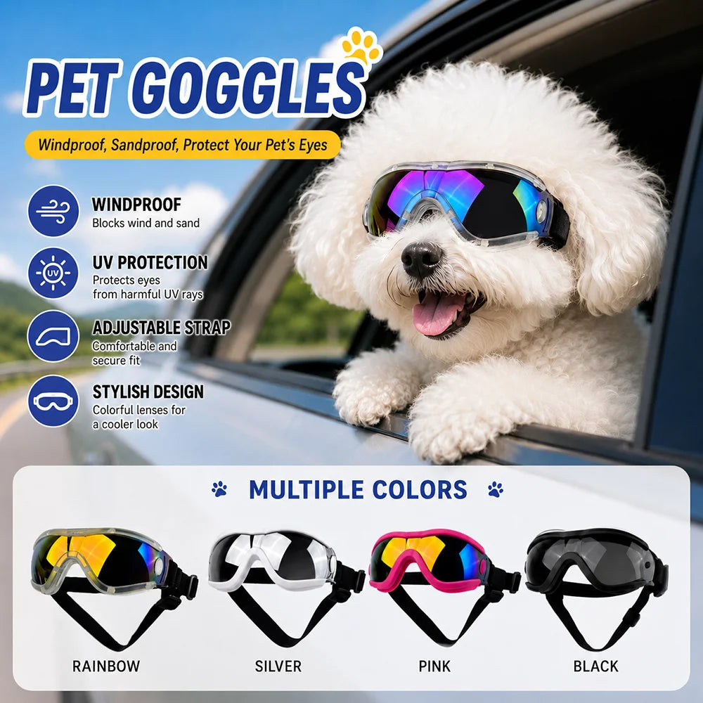 A fluffy white dog wearing stylish pet goggles in various colors like rainbow, silver, pink, and black.