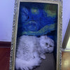A fluffy gray cat is resting on a rectangular bed with an ornate frame and a patterned scratch pad.