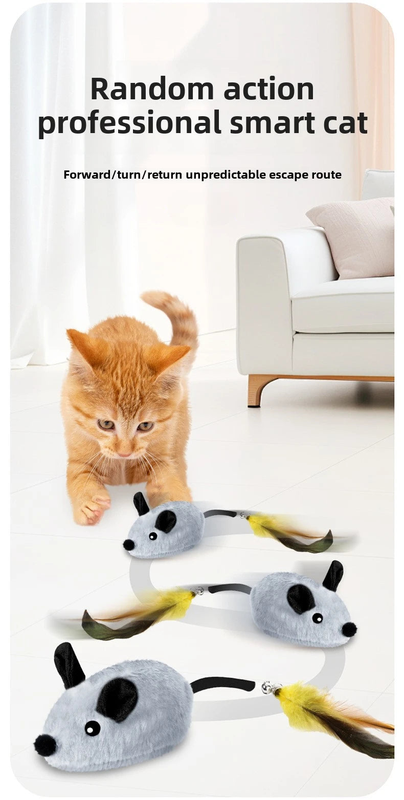 A small orange cat is interacting with a gray, mouse-shaped toy that has yellow feathers.