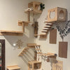 A wall display featuring a wooden cat climbing shelf and hammock mounted on a white wall.