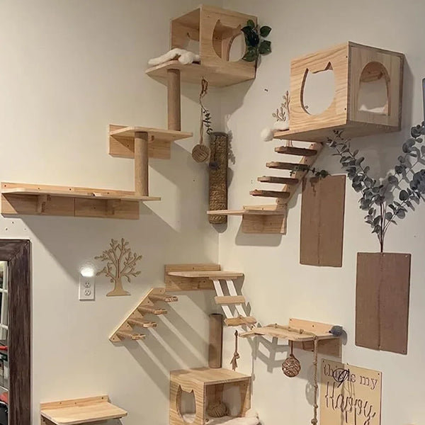 A wall display featuring a wooden cat climbing shelf and hammock mounted on a white wall.