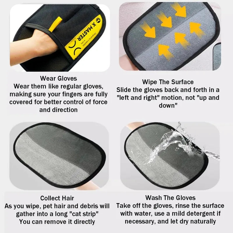 A set of electrostatic gloves used to wipe pet hair and debris from surfaces.