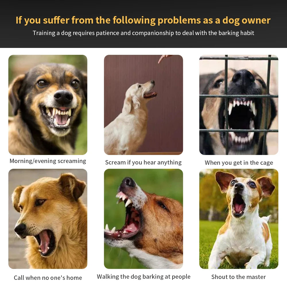 A collage of dog owners dealing with barking habits, showing various emotional reactions like screaming and growling.