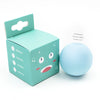 A light blue spherical interactive cat sounding toy is shown next to its green cardboard packaging.