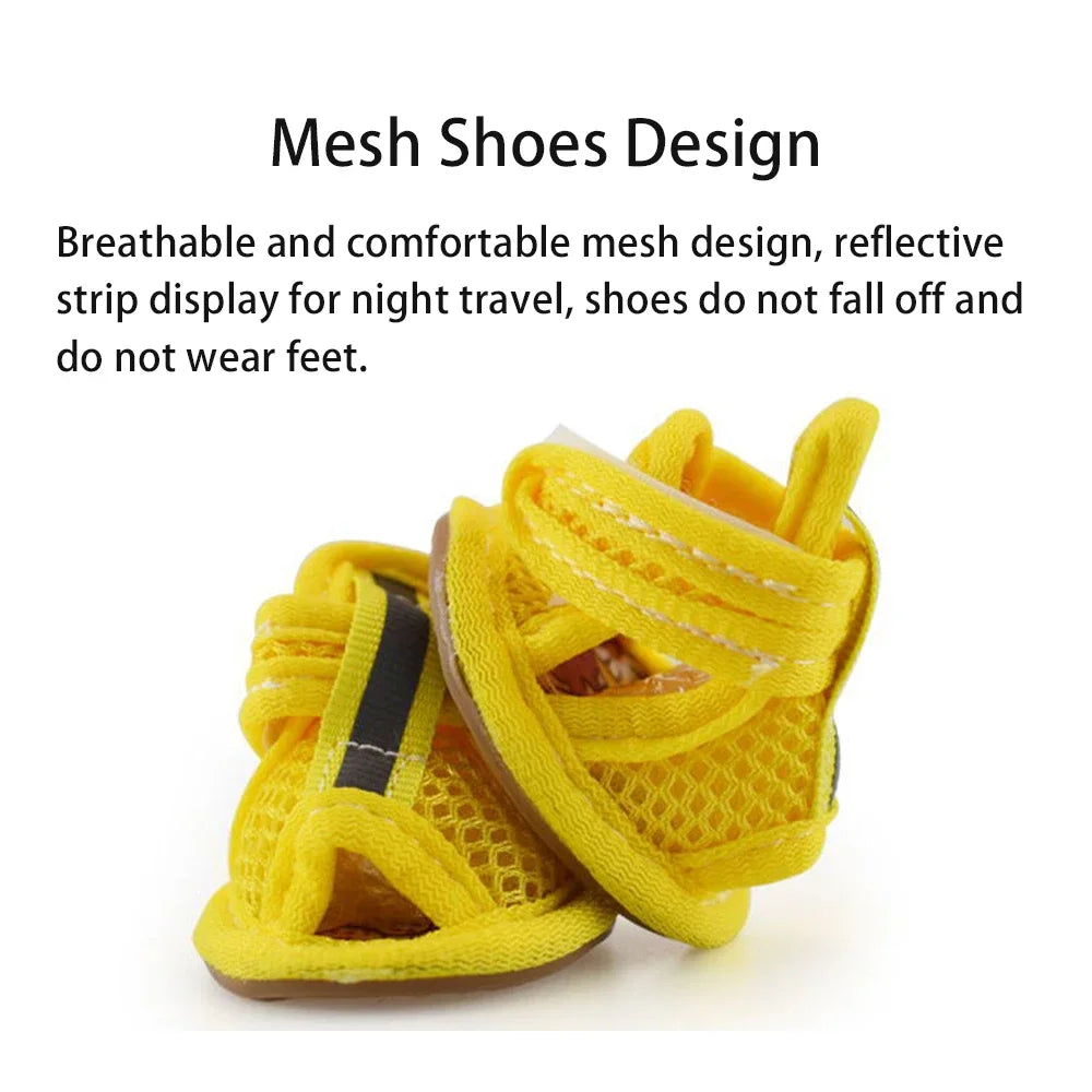 Yellow mesh shoes designed for night travel, featuring a reflective strip display.