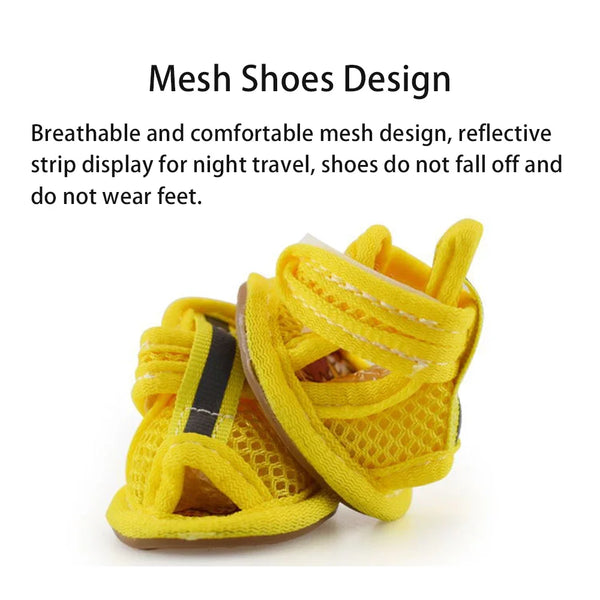 Yellow mesh shoes designed for night travel, featuring a reflective strip display.