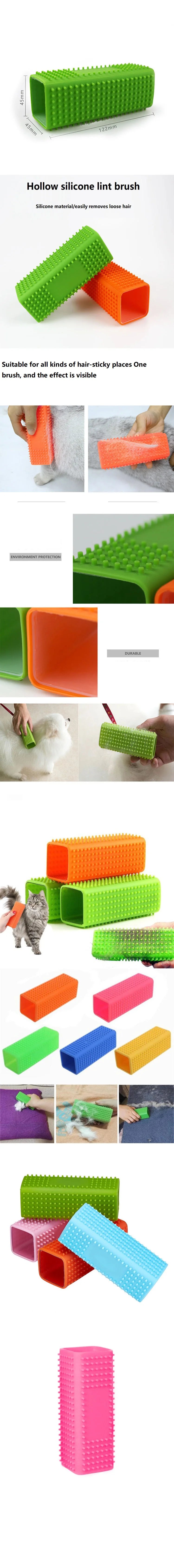 Various colored pet hair removal brushes made with silicone hollow rubber bristles shown in different angles.