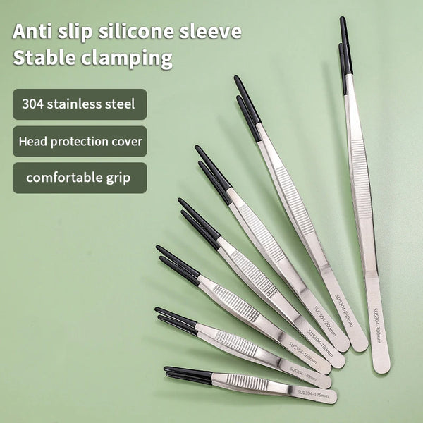 Stainless steel feeding tongs with silicone sleeves for stable clamping and comfortable grip