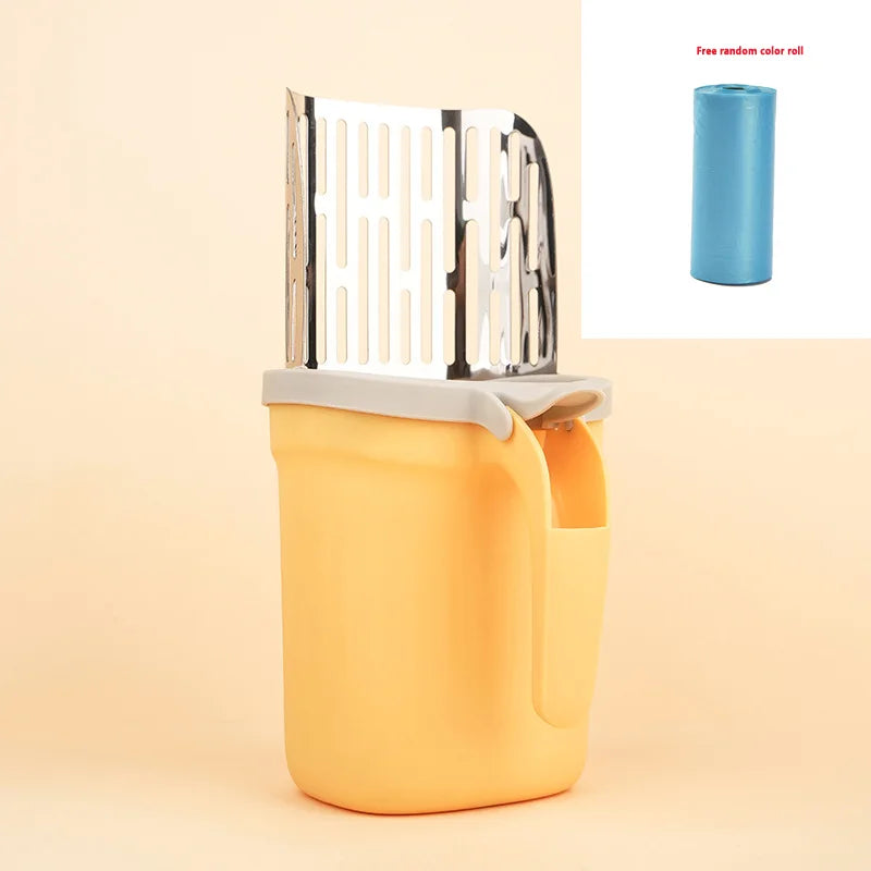 A yellow plastic container holds a stainless steel cat litter shovel with a blue refill roll.