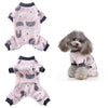 Pink cozy winter overalls for small dogs with a gray cat pattern