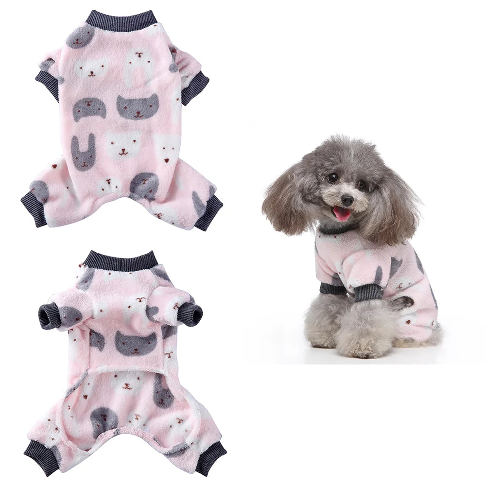 Pink cozy winter overalls for small dogs with a gray cat pattern