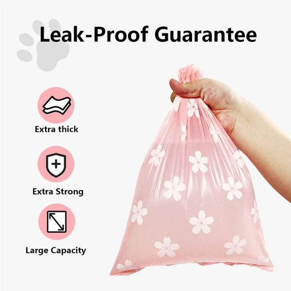 A hand holds a pink leak-proof bag of biodegradable dog poop bags, highlighting extra thickness, strength, and large capacity