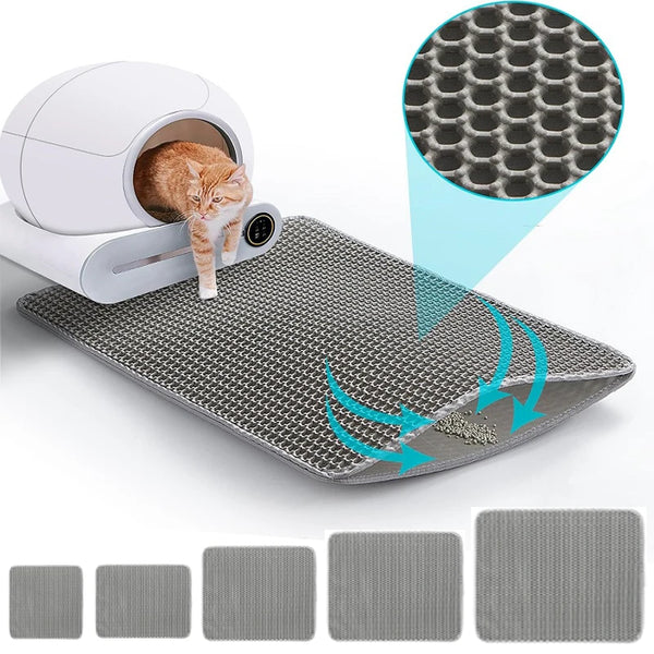 A white cat litter mat with a mesh surface is shown next to a cat and a magnified view of the mat's texture.