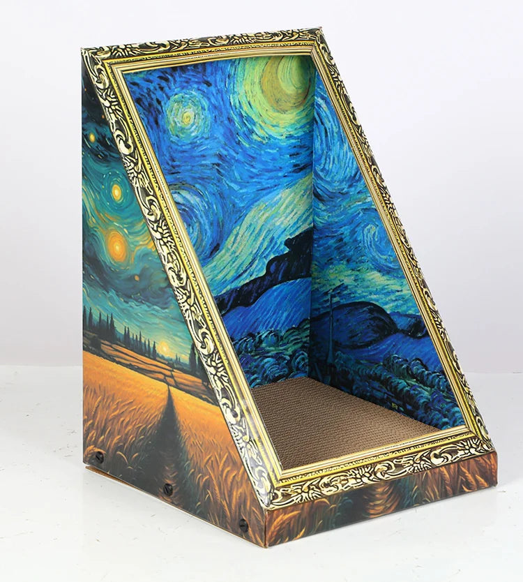 A wooden cat bed with a decorative frame and a colorful painted interior featuring a starry night sky landscape.