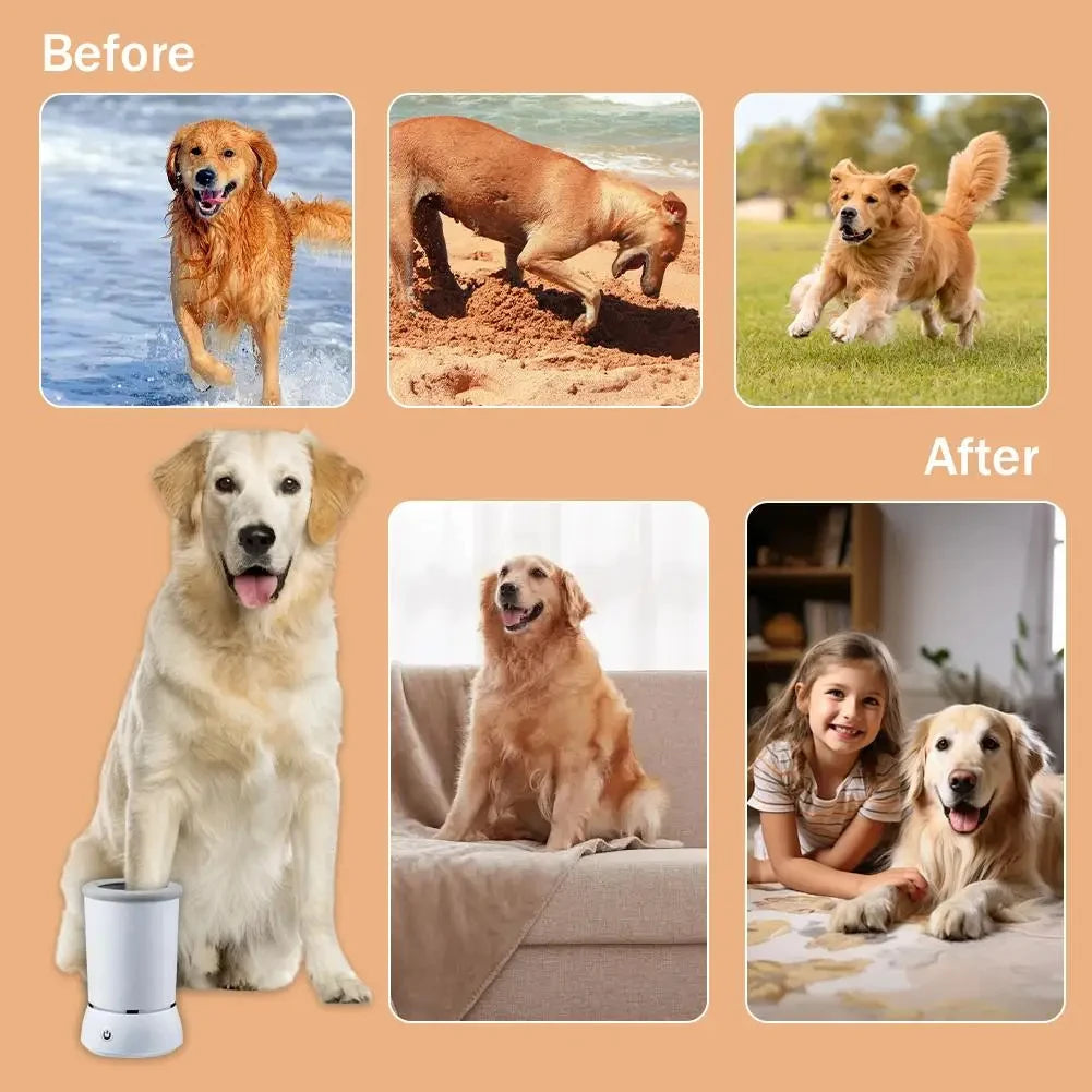Before and after comparison of a pet grooming product showing a dog's paw cleaning process.