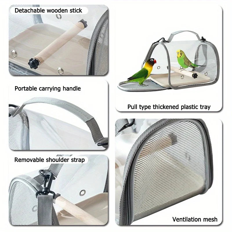Portable bird travel carrier featuring a detachable wooden stick, carrying handle, removable shoulder strap, and ventilation 