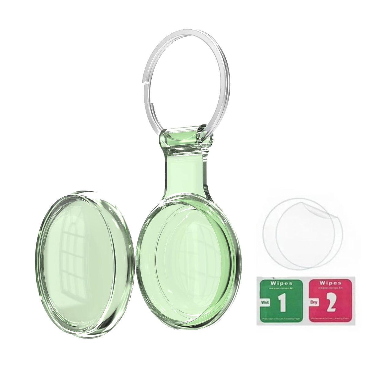 Clear silicone protective cover for an AirTag with a keychain loop and two cleaning wipes