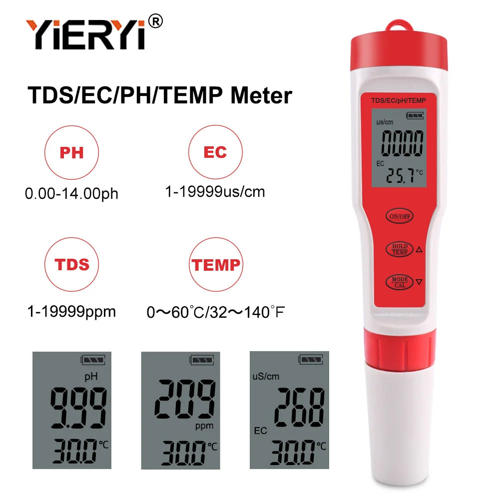 A red and white TDS/EC/pH/TEMP meter with digital displays showing water quality measurements.