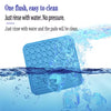 A blue silicone lick mat is shown being rinsed with water, emphasizing its ease of cleaning.