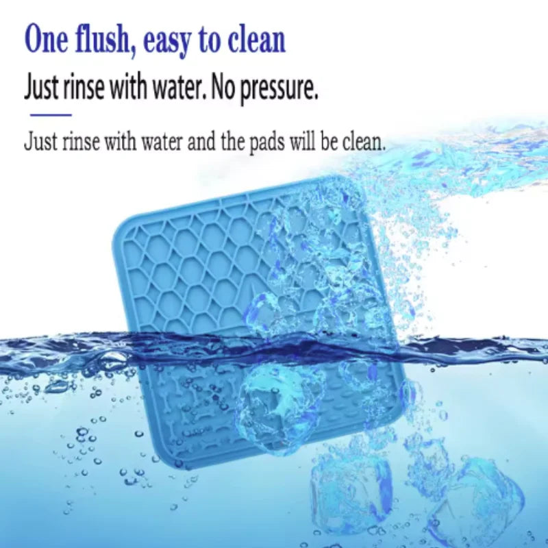 A blue silicone lick mat is shown being rinsed with water, emphasizing its ease of cleaning.