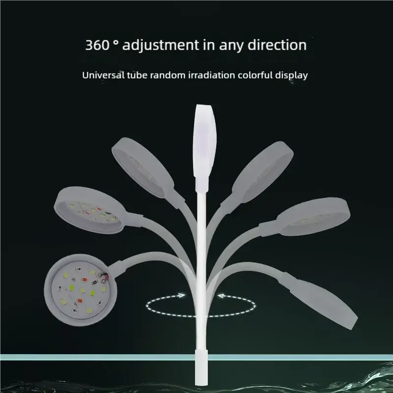 Lumière LED pour aquarium clip-on blanche avec plusieurs tubes réglables rayonnant d'un tige centrale.