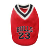 A red classic cotton pet sweater with a V-neck and black trim featuring the text BULLS 23.